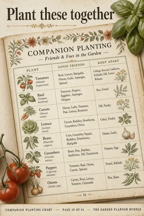 A vintage botanical companion planting chart created as a Pinterest pin