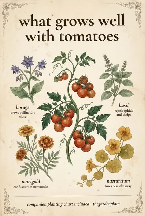 A Pinterest pin answering what grows well with tomatoes
