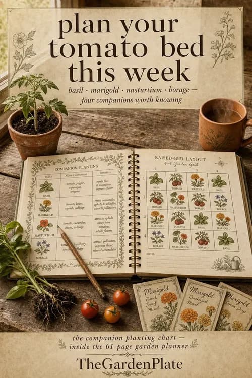 A vintage botanical Pinterest pin showing a garden planner in use